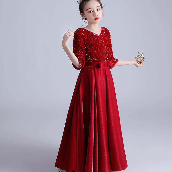 酒红色长款中袖亮片年会服高端儿童女演出礼服钢琴乐器演奏服冬季