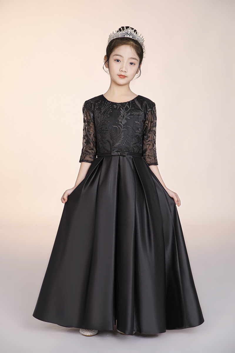 黑色女童演出礼服高端儿童洋气公主裙中国风钢琴古筝演奏服春夏新