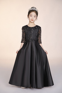 黑色女童演出礼服高端儿童洋气公主裙中国风钢琴古筝演奏服春夏新