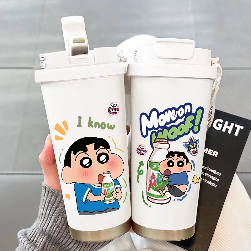 蜡笔小新保温杯吸管大容量学生双盖口男女携身随行新款水杯高颜值