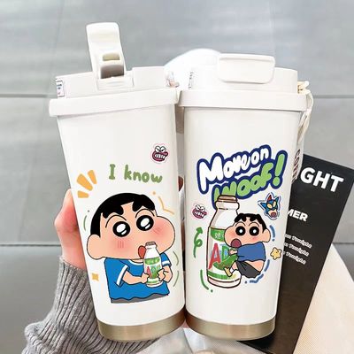 蜡笔小新保温杯吸管大容量学生双盖口男女携身随行新款水杯高颜值