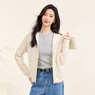 连帽绞花拉链减龄保暖女针织开衫 春竹厚款 100%山羊绒外套秋冬新款