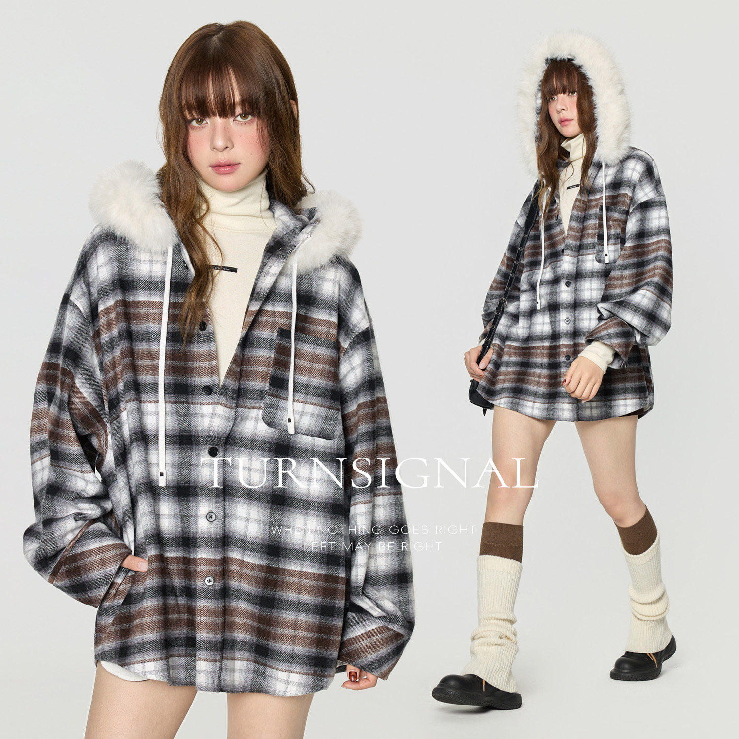 TurnSignal时尚大毛领连帽格子衬衫外套女加厚秋冬休闲宽松外套冬,女装/女士精品,衬衫,淘宝优惠券,粉丝福利购,淘宝优惠卷