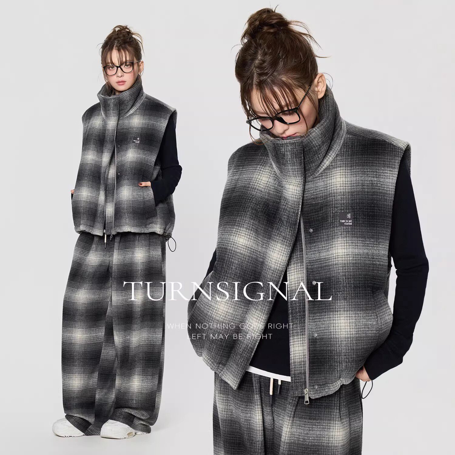 TurnSignal格纹棉马甲长裤套装女秋冬2026新款加厚休闲时尚两件套