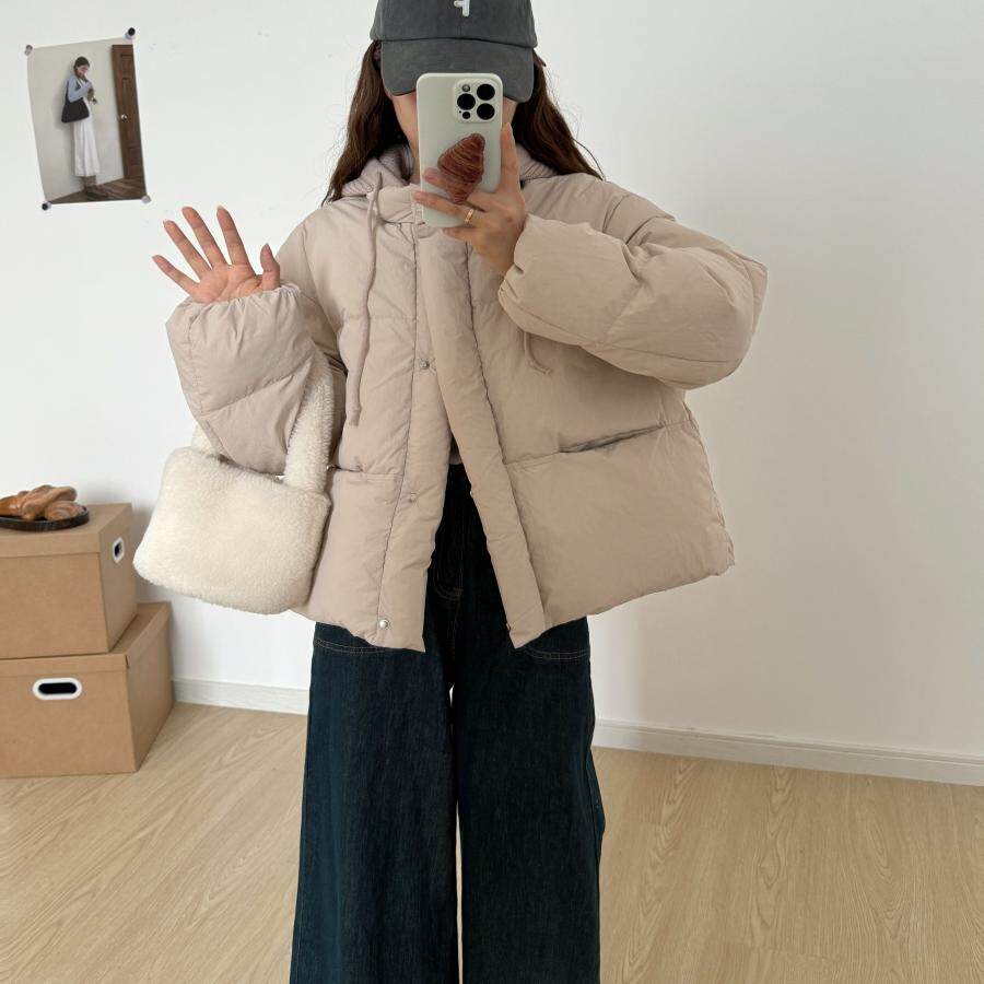 90白鸭绒面包服羽绒服小个子短款韩版宽松加厚保暖可拆卸针织帽子