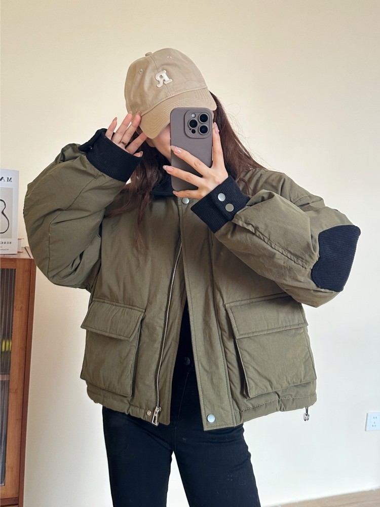 设计感撞色灯芯绒翻领拼接羽绒服外套女2023秋冬款复古小众短款