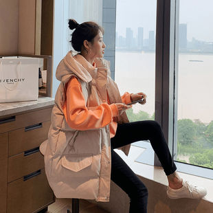 韩版大码女装胖mm外穿中长款连帽羽绒棉衣马甲背心女秋冬马甲外套