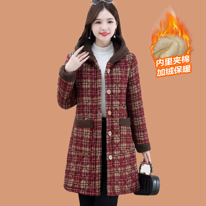 妈妈冬装外套加绒棉袄中老年人加厚棉服女连帽格子中长款时尚棉衣,女装/女士精品,中老年女装,淘宝优惠券,粉丝福利购,淘宝优惠卷