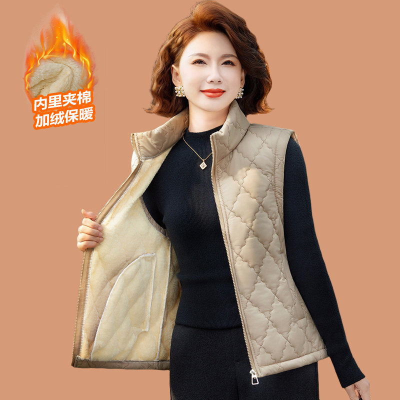 妈妈冬装加绒保暖马甲无袖立领小棉衣中老年女装秋冬外穿坎肩背心