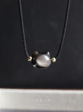 天然黑曜石小猫项链男女酷感百搭