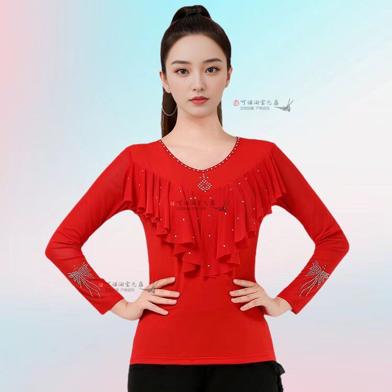 荷叶边拉丁舞练功服女成人新款圆领烫钻长袖上衣吉特巴摩登舞蹈服