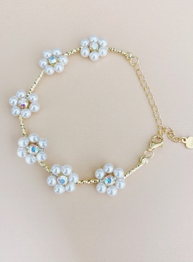 S925银隔珠隔管施家珍珠编织花朵手链甜美百搭