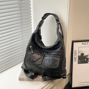 y2k辣妹机车软皮分层大容量多口袋复古高级通勤双肩包斜挎托特包