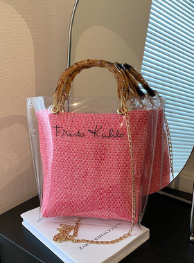 韩国小众透明水桶包包女包2026新款夏季单肩斜挎包竹节手提果冻包