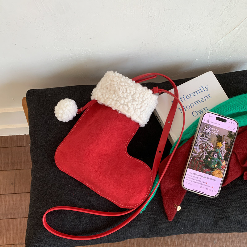 韩国棕色手机小方包麂皮绒毛绒包包女秋冬时尚圣诞款毛毛茸斜挎包