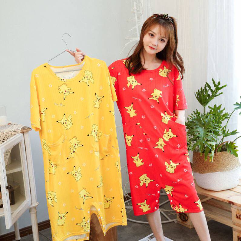 裙裤两穿 短袖睡裙女夏韩版学生中长款连体睡衣女士棉质家居服