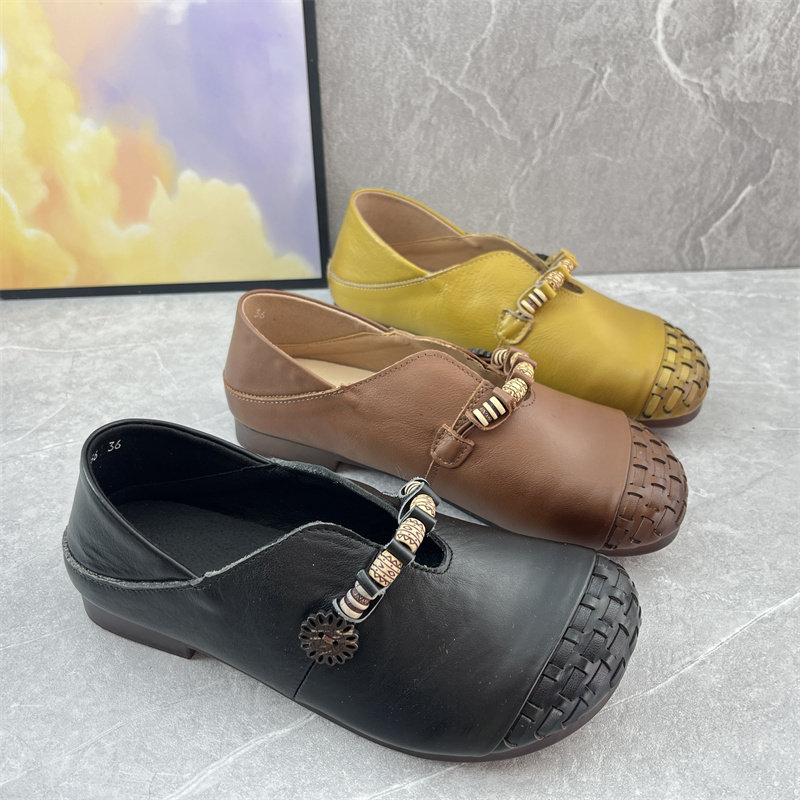 2026春季复古真皮民族风编织乐福鞋女软底大码舒适防滑妈妈单皮鞋