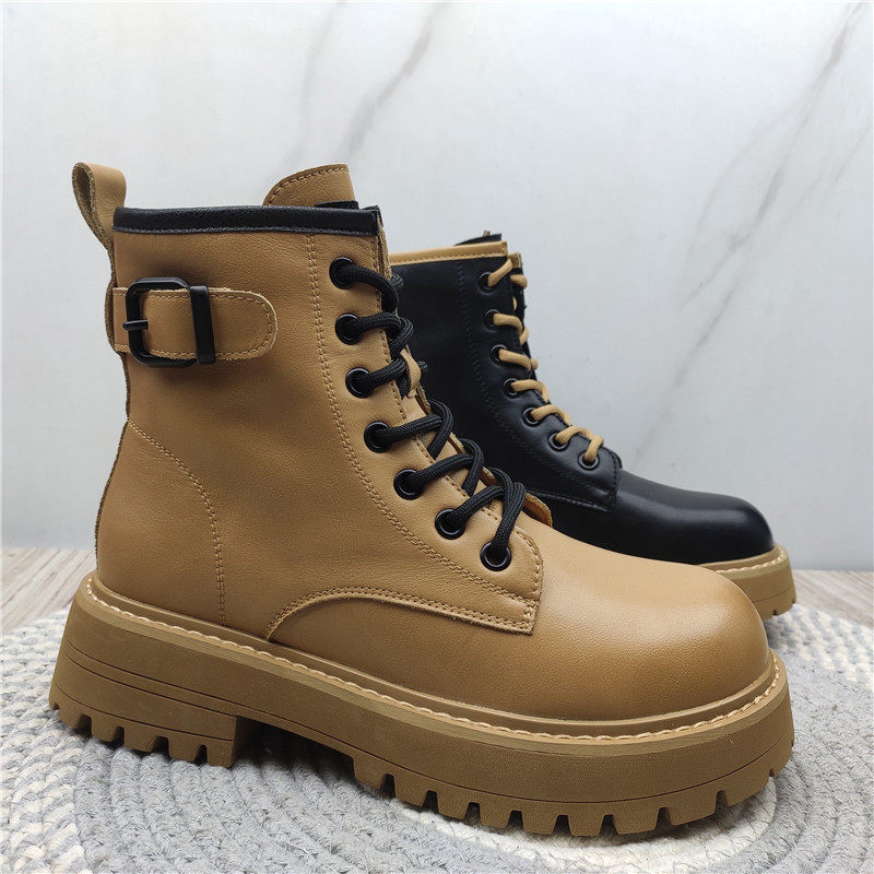 欧洲站真皮厚底马丁靴女2022秋冬新款机车圆头工装大黄短靴英伦风