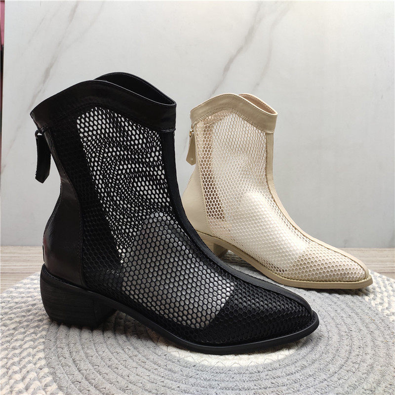 商场撤柜断码处理女粗跟中跟薄款网状短筒后拉链尖头凉鞋潮流凉靴