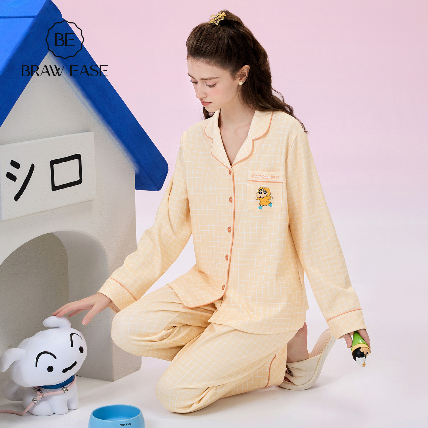 BE蜡笔小新带胸垫抗菌防螨睡衣秋