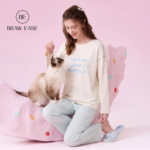 BE棉睡衣女落肩新品猫咪格子