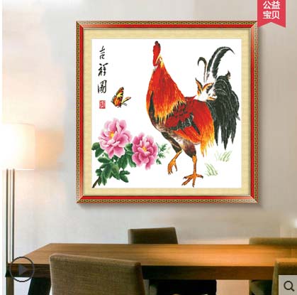 新款印花十字绣大公鸡吉祥牡丹图客厅餐厅十字绣丝线刺绣鸡年大吉