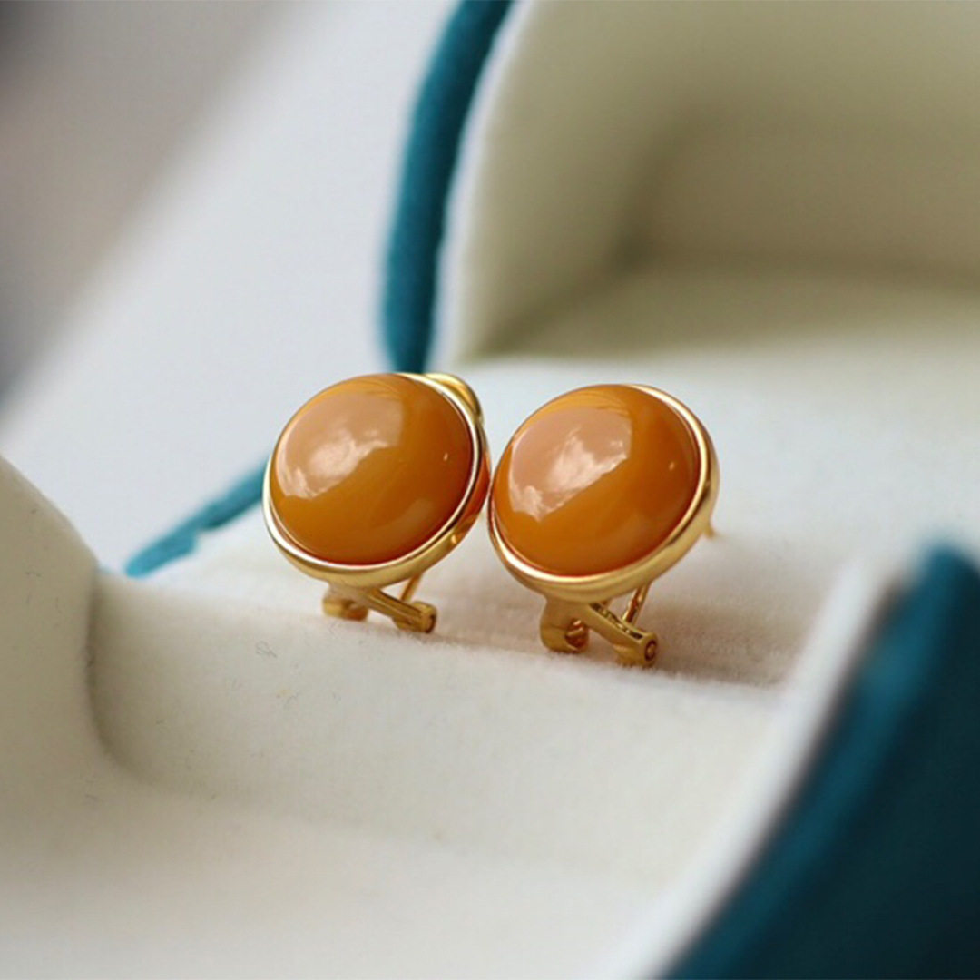 法式浪漫|天然琥珀蜜蜡耳钉时尚百搭鸡油黄老蜡耳夹925银镀金耳饰