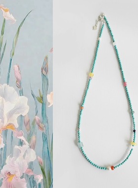 青石鸢尾|天然绿松小米珠彩色项链新中式国风轻奢气质简约锁骨链