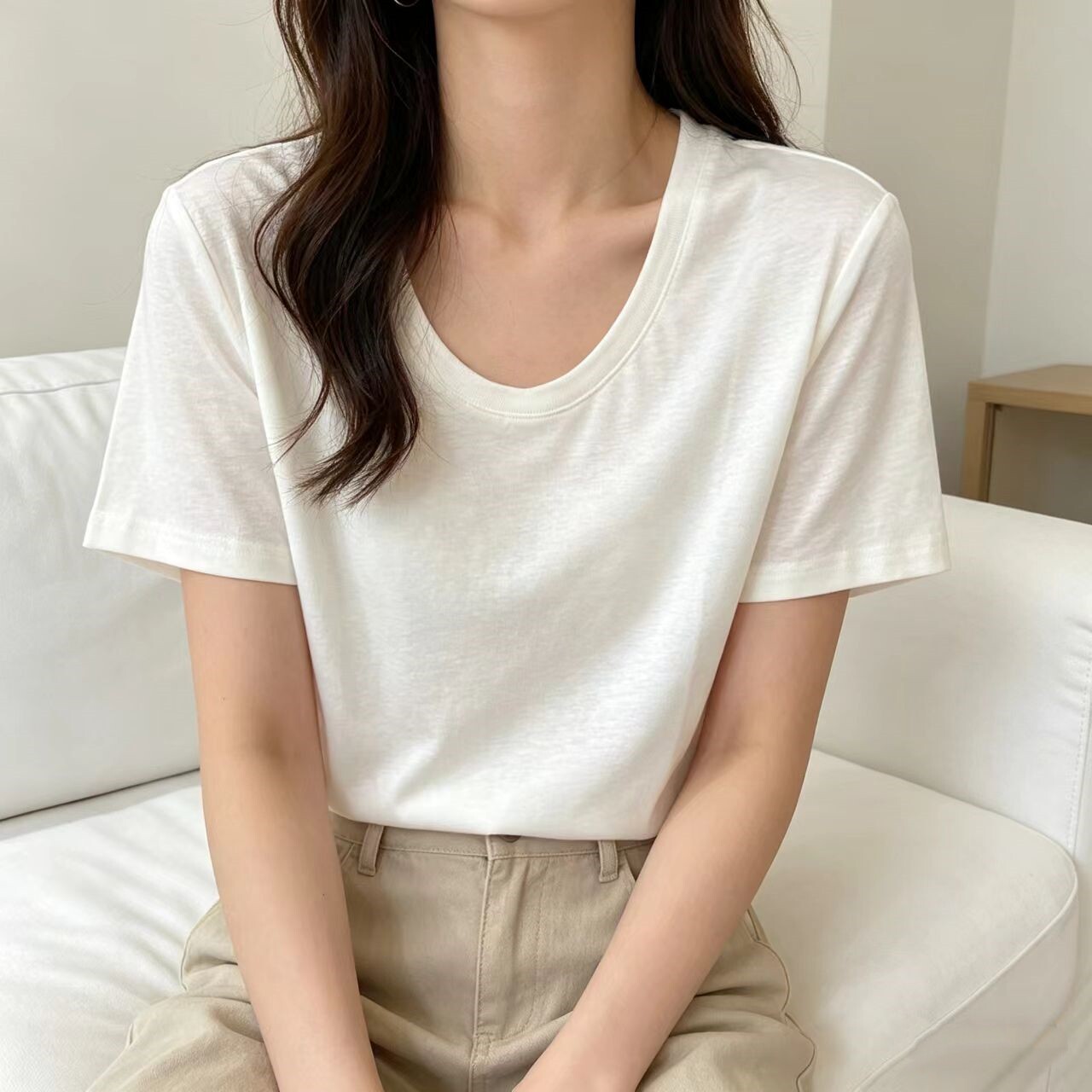 圆领U领，体感凉感、透气不粘身100%天然亚麻面料短袖T恤上衣女，
