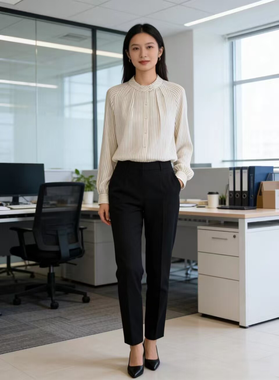 21姆米桑蚕丝条纹长袖女衬衫
