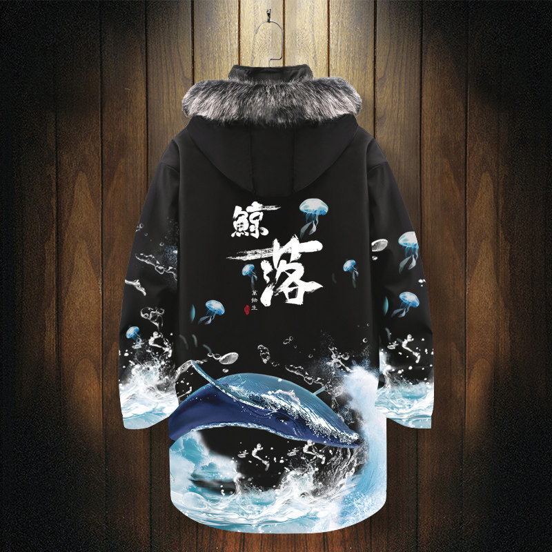 ins国潮鲸鱼印花羽绒服男士中长款连帽棉服外套大码防寒加厚棉袄