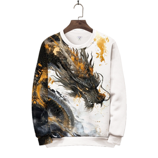 圆领卫衣外套男士国潮龙图案秋冬季长袖T恤大码宽松加肥厚款衣服