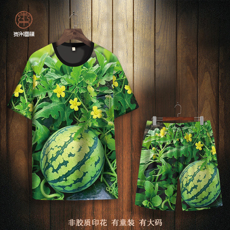 创意西瓜3D印花短袖短裤套装男夏季薄款透气T恤大码加肥五分裤衩