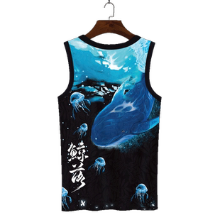 健身运动背心男坎肩夏季冰丝速干大码鲸鱼印花无袖T恤二道砍袖潮