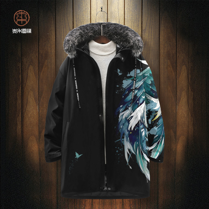 加厚保暖羽绒服外套男翅膀印花中长款冬季面包服大码加肥连帽棉服