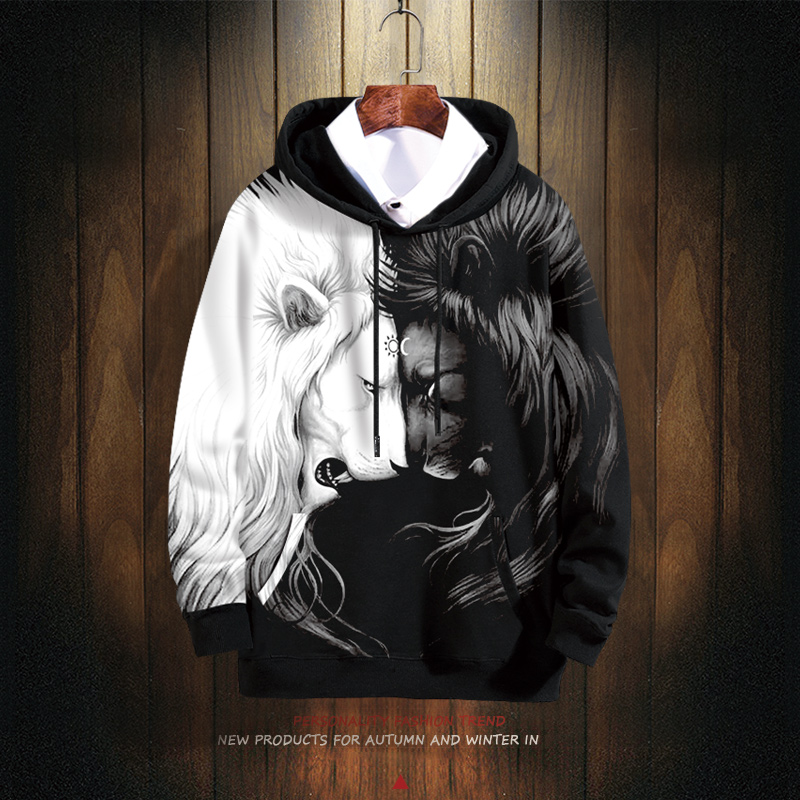 2025新款黑白拼色卫衣男士连帽狮子头图案外套春秋季大码宽松加绒