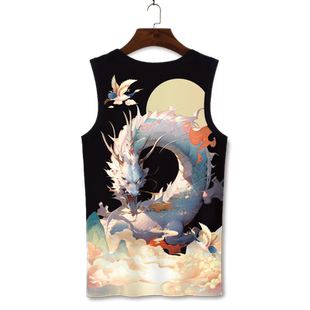龙图案无袖T恤男士夏季2025新款中国风潮流背心百搭oversize坎肩