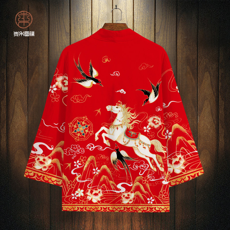 青少年红色披风男生新款潮牌马年本命年道袍大码加肥衬衫加厚外套