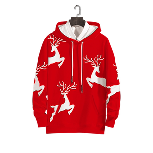 红色连帽卫衣男生连帽圣诞外套春秋季2025新款麋鹿情侣装衣服大码