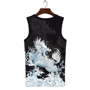 中国风砍袖背心男士夏季麒麟无袖T恤健身跨栏二道坎肩速干加大码