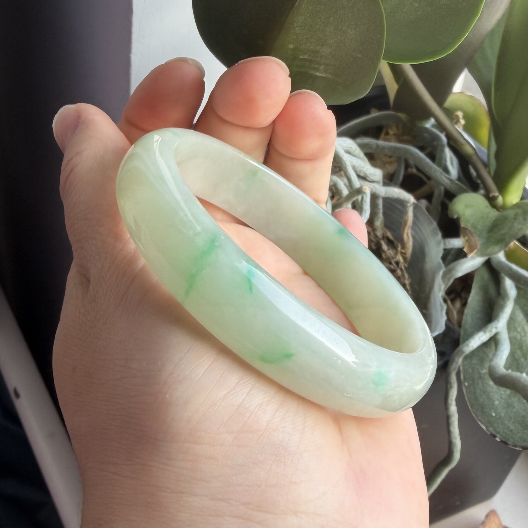 『春尾集』翡翠手镯60白底青飘阳绿手镯 一物一证天然缅甸玉A货