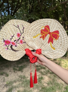 度假风手工编织草扇刺绣花蝶结