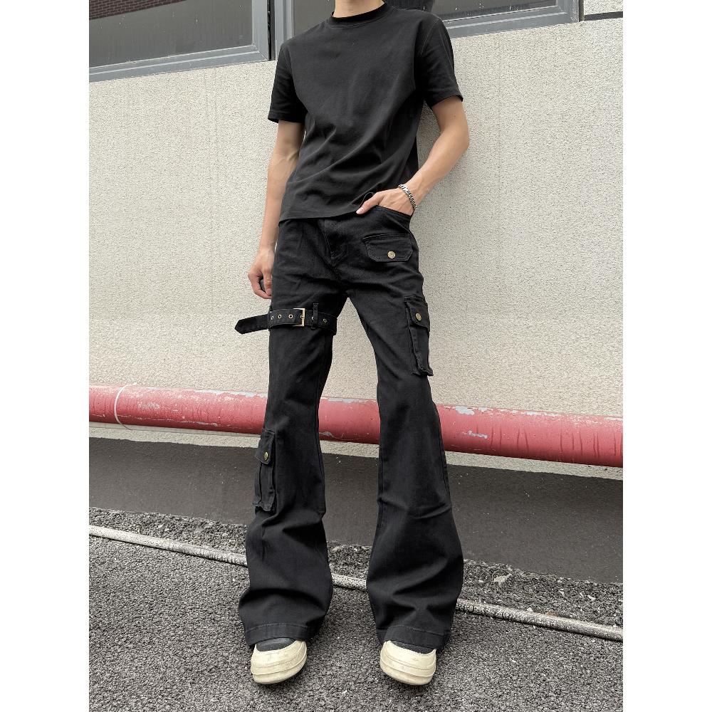 美式ro小众vibe巨显瘦微喇牛仔裤男女设计多口袋工装绑带长裤子男