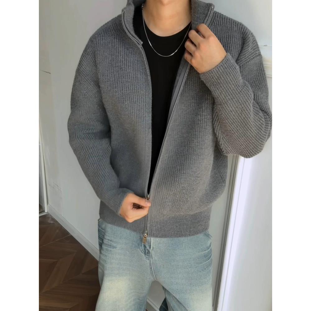 灰色双拉链开衫毛衣外套男款秋季老钱风双拉链针织衫cleanfit夹克