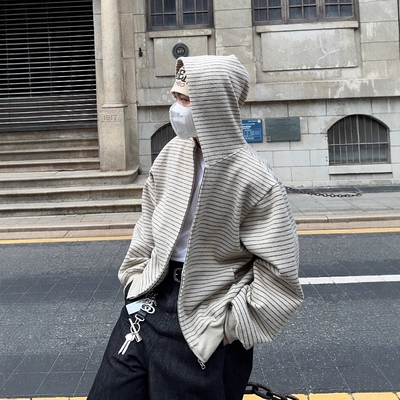 美式复古撞色条纹绒感拉链开衫卫衣男女宽松休闲百搭情侣连帽外套