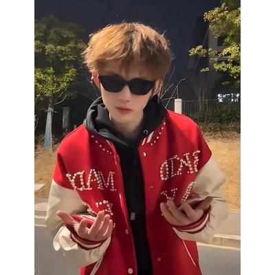 红色珍珠刺绣棒球服外套男女春秋款美式潮牌cleanfit撞色拼接夹克