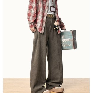 老钱风毛呢西裤男秋冬季加厚宽松直筒裤子男生A字软糯阔腿休闲裤