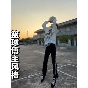 传奇商行legend裤子美式运动风宽松微喇休闲裤男黑色透气学生长裤