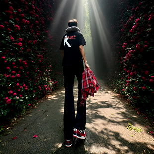 男休闲显瘦弯刀裤 国潮高街黑色潮流长裤 百搭微喇牛仔裤 新款 子 夏季