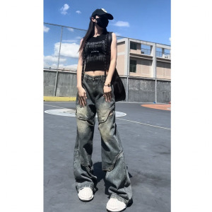 早秋镂空破洞解构设计牛仔裤男女款高级感做旧复古水洗休闲长裤男
